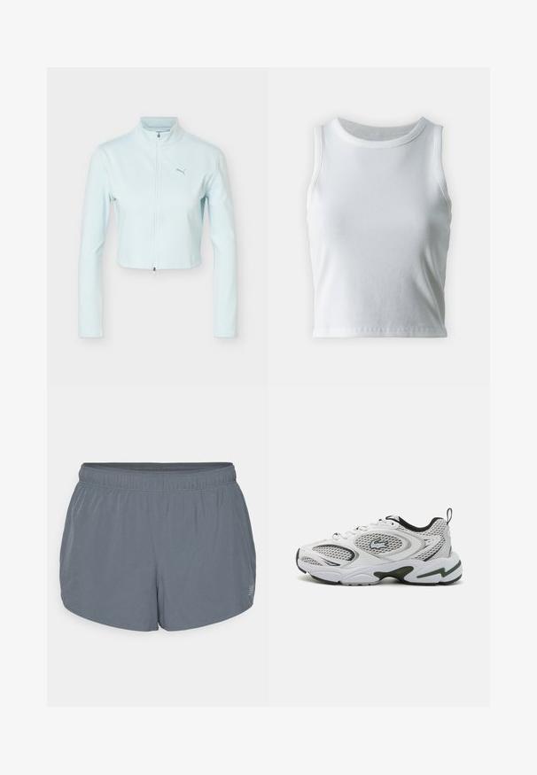 Lyseblå cropped jakke med lange ærmer, høj krave, lynlås foran og Puma-logo på venstre bryst.; Hvid ribbet tanktop med rund halsudskæring og ærmeløs design, med en lige kant og en glat, strækbar tekstur.; Grå athletic shorts med en blød tekstur, elastisk talje og en let buet kant. Har små perforeringer for åndbarhed.; Hvide atletiske sko med mesh-paneler, sorte accenter og en tekstureret sål. Kendetegnes ved et slankt design og et fremtrædende logo på siden.