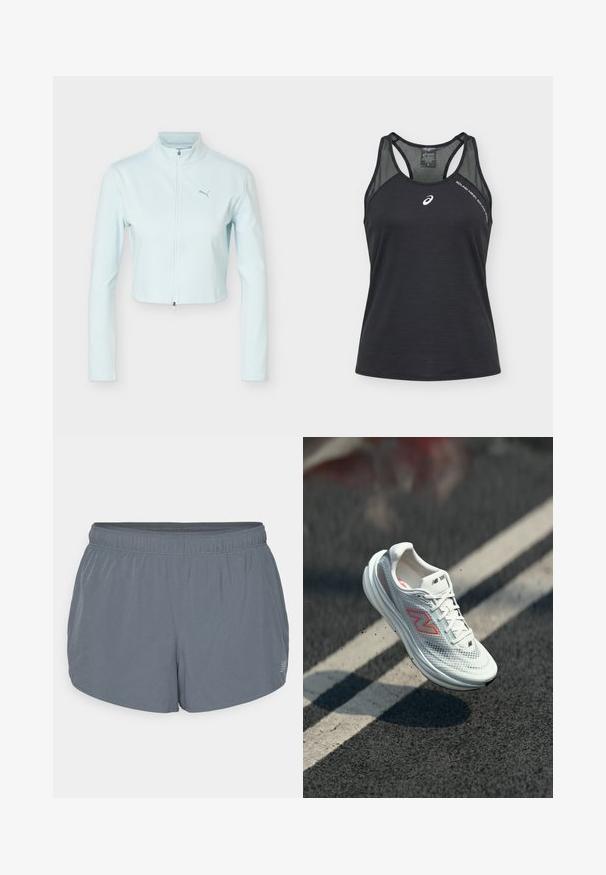 Veste courte bleu clair à manches longues, col montant, fermeture éclair à l'avant, et logo Puma sur le côté gauche de la poitrine.; Haut de sport sans manches noir Asics avec panneaux en mesh aux épaules, logo blanc sur la poitrine et texte "SOUND MIND SOUND BODY" près de l'épaule.; Shorts de sport gris avec une texture douce, une taille élastique et un ourlet légèrement incurvé. Présente de petites perforations pour la respirabilité.; Chaussure de course blanche New Balance avec logo rose et orange, en plein vol au-dessus d'une route asphaltée avec des marquages de voies blancs.