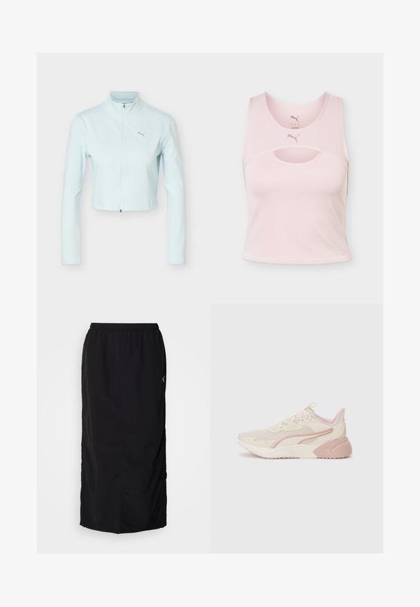 Lyseblå cropped jakke med lange ærmer, høj krave, lynlås foran og Puma-logo på venstre bryst.; Lyserød ærmeløs sports crop top med rund halsudskæring, udskæring og Puma-logo foran midt på og inde i kraven.; Sort atletisk nederdel med elastisk talje, der har sideskaller for nem bevægelse og minimal mærkning på højre side.; Lettsvægt sneakers med et beige og lys pink design, mesh overdel, polstret sål og diskrete logo detaljer på siden.