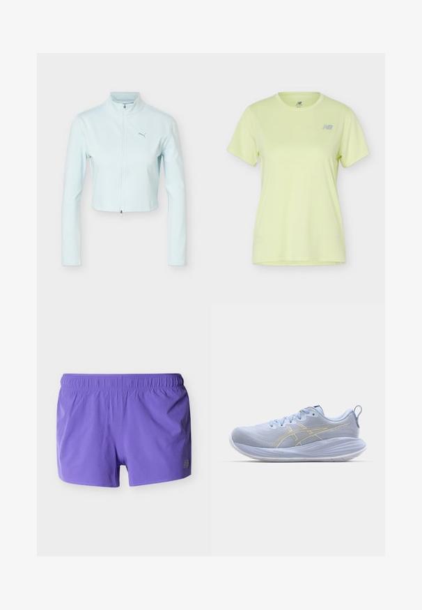 Lichtblauw cropped jack met lange mouwen, hoge kraag, ritssluiting aan de voorkant en Puma-logo op de linkerborst.; Lichtgele sport-T-shirt met korte mouwen, met ronde hals en klein grijs New Balance-logo op de linkerborst.; Paarse sportkorte broek met elastische tailleband en kleine perforaties voor ademend vermogen, weergegeven tegen een effen achtergrond.; Lichtblauwe sport schoenen met een gestructureerde bovenkant, witte zool en gouden accentstrepen. Kenmerken zijn onder andere veters en een trekhaak aan de achterkant.
