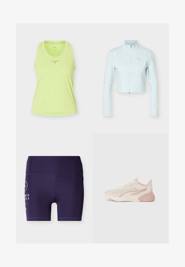 Veste courte bleu clair à manches longues, col montant, fermeture éclair à l'avant, et logo Puma sur le côté gauche de la poitrine.; Débardeur sportif sans manches vert clair avec les logos HYROX et Puma sur le devant et à l'intérieur de l'encolure.; Shorts de sport ajustés taille haute de couleur violet foncé avec texte blanc imprimé et logo sur la cuisse gauche, présentés sur un fond uni.; Baskets légères avec un design beige et rose pâle, tige en maille, semelle rembourrée et accents de logo discrets sur le côté.