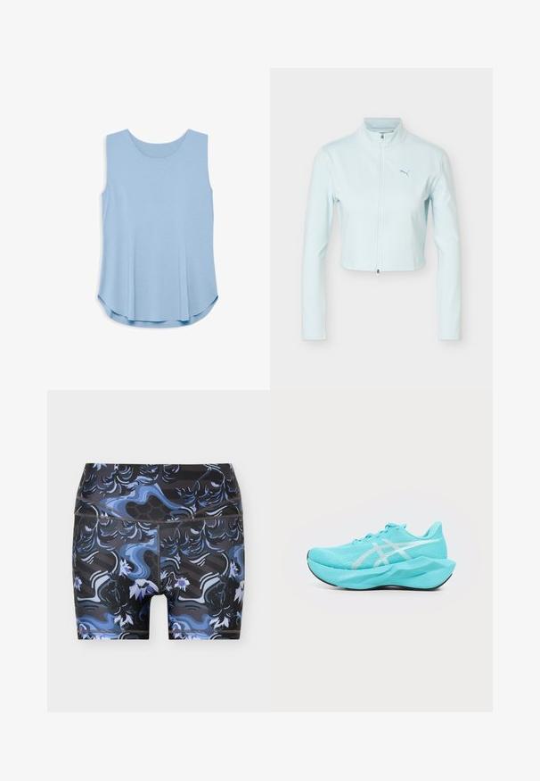 Veste courte bleu clair à manches longues, col montant, fermeture éclair à l'avant, et logo Puma sur le côté gauche de la poitrine.; Haut sans manches bleu clair avec un col rond, présentant un design perforé et une silhouette décontractée et évasée. Texture de tissu lisse.; Shorts de sport noirs extensibles avec un motif abstrait floral et tourbillonnant bleu et violet, coutures plates et taille mi-haute.; Chaussure de course bleu clair avec une semelle épaisse, des bandes blanches du logo et le texte "FF Turbo" sur le côté, vue de côté droit sur fond blanc.