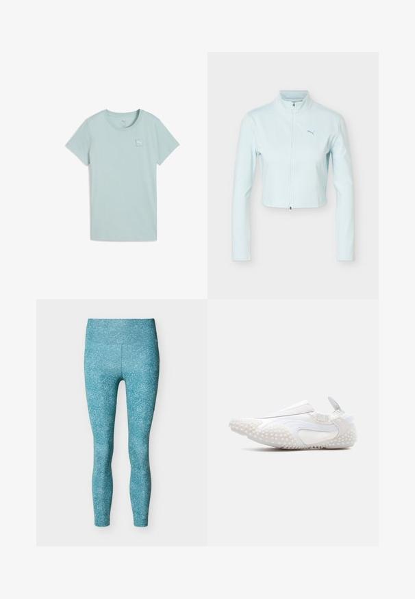 Helesinine lühike jakk pikad varrukad, kõrge krae, ees tõmblukk ja Puma logo vasakul rinnal.; Helehall sinise lühikeste varrukatega T-särk pehmest puuvillasest materjalist, millel vasakul rinnal on ruudukujuline logomärk ja klassikalise ümara kaelusega.; Kõrge vöökohaga türkiissinised retuusid õrna laikudega mustriga, esitatuna tasaselt valgel taustal.; Valge libisev spordijalats tekstureeritud kummist tallaga ja külgedel, elastse kaelusega ning kandja tõmbelipuga, külgvaates tavalise tausta peal.