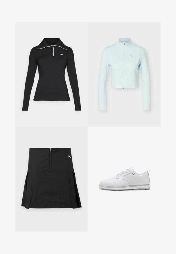 Chaqueta corta azul claro con mangas largas, cuello alto, cremallera frontal y logo de Puma en el pecho izquierdo.; Polo negro de manga larga con textura acanalada, tapeta de tres botones y detalle de cuello blanco en contraste. Logo bordado en el pecho.; Falda deportiva negra con cremallera frontal y pliegues laterales, con un logo blanco de Puma en la parte superior derecha.; Zapatillas deportivas blancas con parte superior de cuero sintético suave, acentos texturizados, cuello acolchado y suela de goma con buena tracción. Detalle del logotipo en plata.