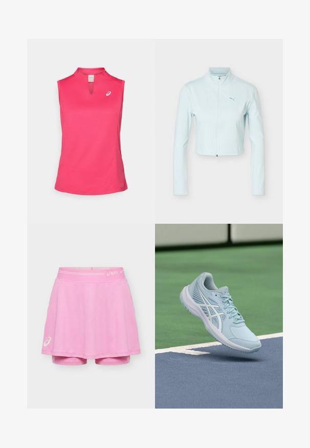 Lichtblauw cropped jack met lange mouwen, hoge kraag, ritssluiting aan de voorkant en Puma-logo op de linkerborst.; ASICS COURT TANK - Top - bright rose; Roze sportieve skort met ingebouwde short, met ASICS-logo's op de tailleband en linker zoom, afgebeeld op een effen achtergrond.; Lichtblauwe sportschoen met mesh bovenwerk, gestructureerde details en een gevoerde zolen, zwevend boven een blauw sportveld.