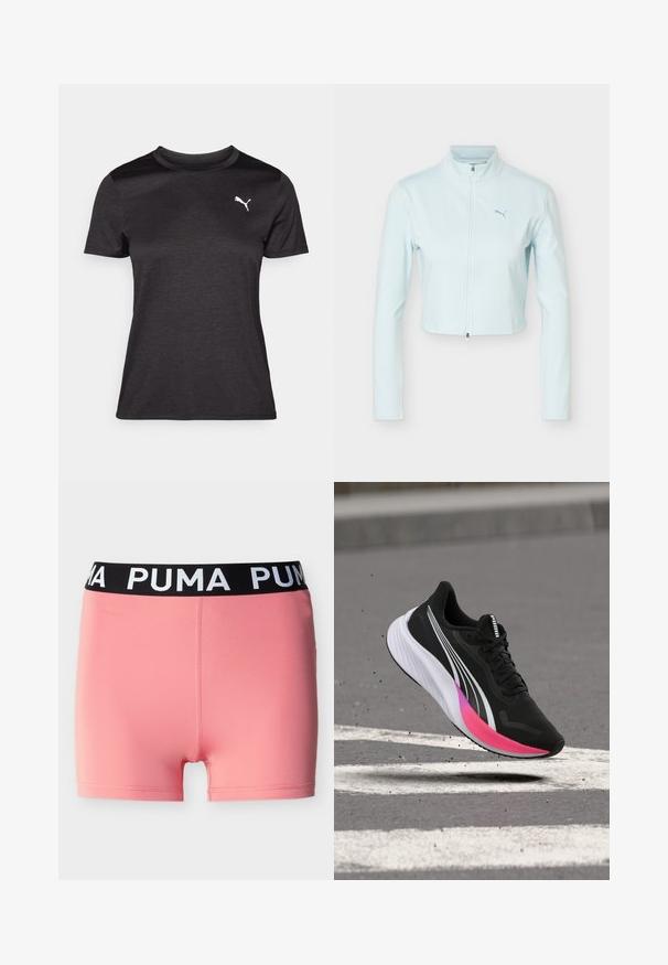 Svetlomodrá krátka bunda s dlhými rukávmi, vysokým golierom, predným zipsom a logom Puma na ľavej strane hrudníka.; Čierne športové tričko s krátkymi rukávmi, okrúhlym výstrihom a bielym logom na hrudi. Hladká textúra a prispôsobený strih.; Ružové športové šortky s čiernym elastickým pásom s bielym textom "PUMA", zobrazené na jednoduchom svetlom pozadí.; Čierna bežecká obuv s bielymi a ružovými akcentmi na podrážke, bielym logom Puma na boku, zobrazená vo vzduchu nad asfaltovým povrchom.
