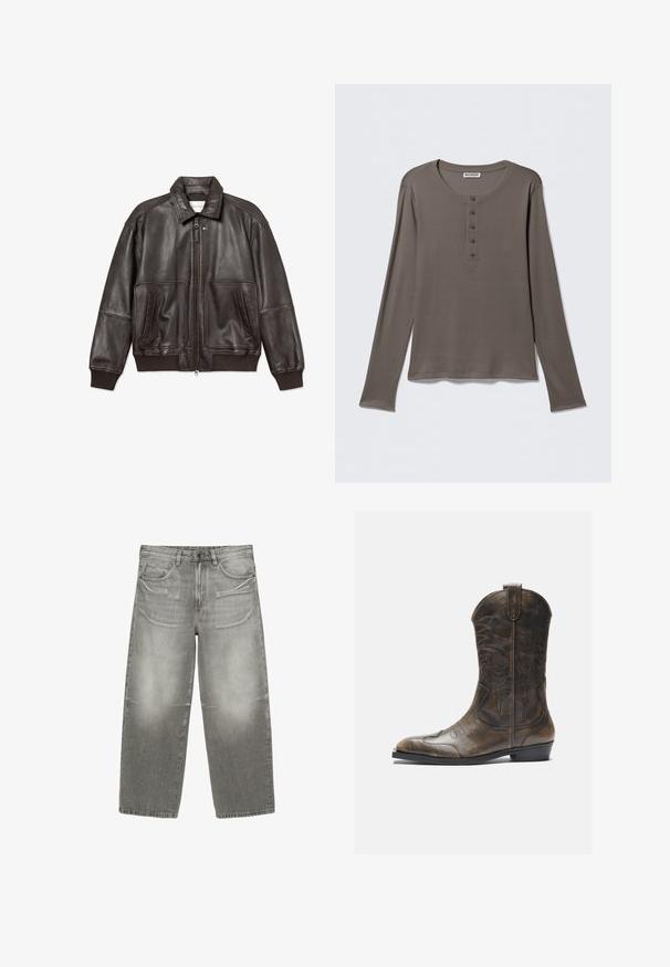 Blouson aviateur en cuir marron foncé avec fermeture éclair à l'avant, deux grandes poches avant, poignets côtelés et détail col sur fond blanc.; Chemise henley grise à manches longues avec cinq boutons et encolure ronde, présentée sur un fond blanc uni.; Jean en denim gris à jambes larges avec des détails délavés, fermeture à boutons et à glissière sur le devant, et style à cinq poches.; Botte de cow-boy en cuir marron avec un long tige, un bout pointu, des motifs de couture complexes et un petit talon. Finition texturée tout au long.
