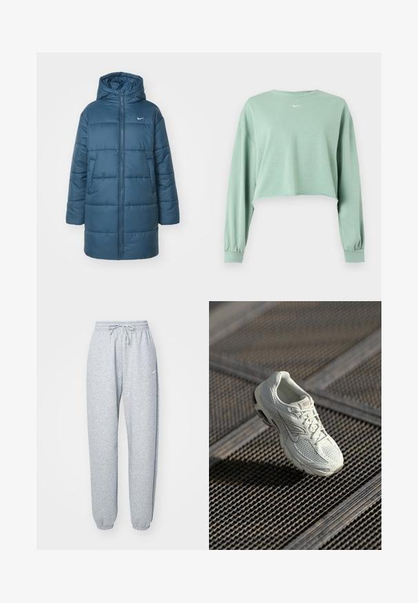 Gevoerde jas in teal, met een ritssluiting aan de voorkant, een grote capuchon en zijzakken. Bevat horizontale stiksels en een klein logo op de borst.; Lichtgroene cropped trui met lange mouwen, elastische manchetten en klein wit Nike-logo gecentreerd onder de halslijn.; Lichtgrijze sweatpants gemaakt van een zachte katoenen mix, met een elastische tailleband met koord, taps toelopende benen en ribgebreide boorden. Minimale merkdetails.; Witte Nike hardloopschoen met bovenwerk van mesh en synthetisch materiaal, rustend op een metalen roostervloer in zacht natuurlijk licht.