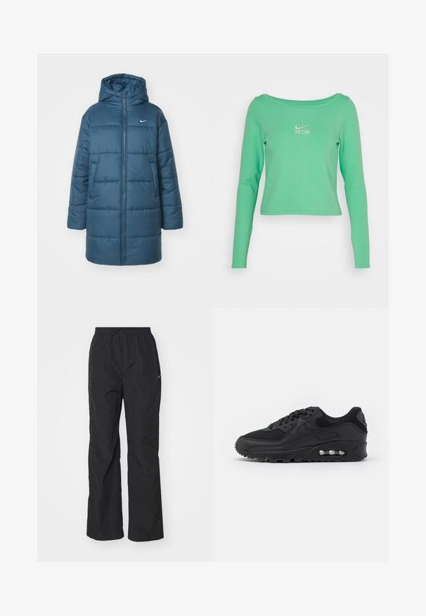 Gevoerde jas in teal, met een ritssluiting aan de voorkant, een grote capuchon en zijzakken. Bevat horizontale stiksels en een klein logo op de borst.; Langsleeve, cropped shirt in mintgroen van glad katoen, met een ronde halslijn en een wit Nike Air-logo op de borst.; Zwarte, lichtgewicht broek met een elastische tailleband en verstelbare trekkoord. Heeft een gestructureerde afwerking en een klein reflecterend logo aan de zijkant.; Zwarte sport-sneaker met een gladleren en mesh bovenwerk, ronde neus, gestructureerde accenten en een zichtbare luchtunit in de zool.
