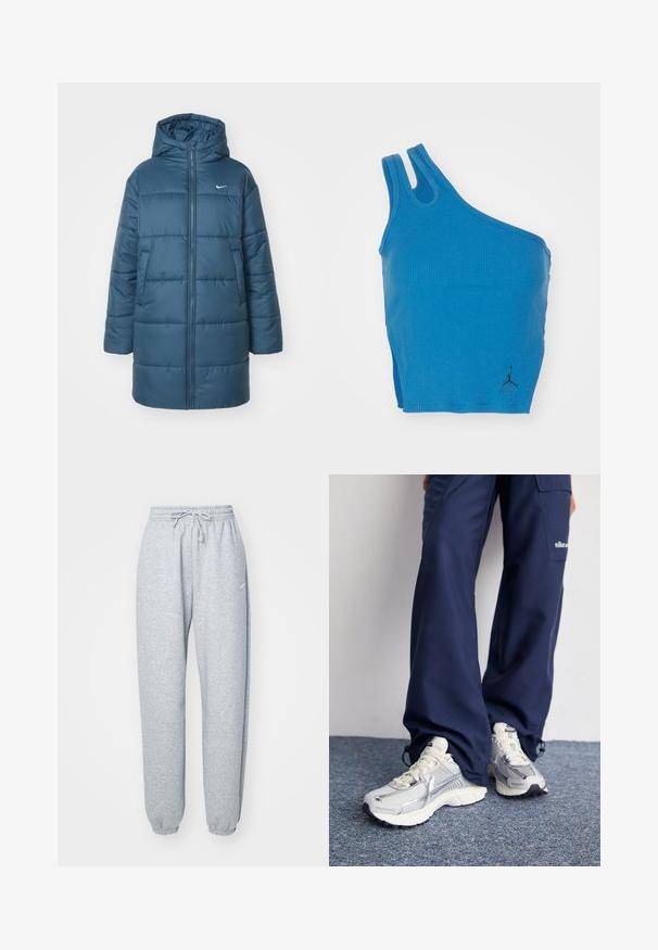 Pudret jakke i teal med lynlås foran, stor hætte og sidelommer. Inkluderer vandret syninger og et lille logo på brystet.; Blå ribbet tanktop med en skulderdesign, to stropper og et lille sort logoaccent nederst til højre.; Lysgrå sweatpants lavet af blød bomuldsblanding, med elastisk talje og snoretræk, tapered ben og ribbede manchetter. Minimal brandingdetalje.; Nike sportssko med en sølvfarvet mesh-overdel, hvide detaljer og strukturerede såler, parret med løstsiddende navy bukser.