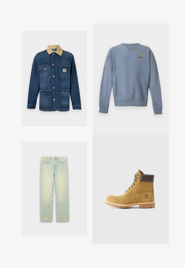 Blå denim arbejdsjakke med beige krave, fire forlommer, knaplukning og Carhartt-logo på den øverste højre lomme.; Lyseblå langærmet crewneck sweatshirt med ribstrikkede manchetter og kant, med lille gult og rødt Carhartt-logo på venstre bryst.; Lyseblå denimjeans med løs pasform, fem lommer, lynlås og en slidt finish langs lår og knæ.; Tan ruskindsankelstøvle med brune læderdetaljer, rund tå, grå snørebånd og kraftig gummisål med et trælogo på siden.
