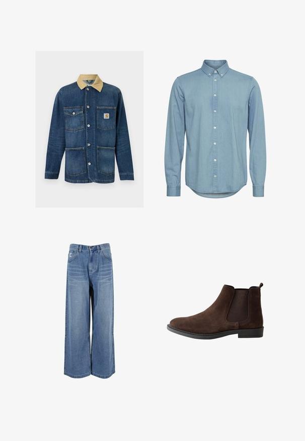 Blauwe denim werkjas met beige kraag, vier voorzakken, knoopsluiting en Carhartt-logo op de bovenste rechterzak.; Lichtblauw denim overhemd met een button-down kraag, lange mouwen en een gebogen zoom. Voorzien van een voorpaspel met witte knopen.; Brede blauwe denim jeans met een hoge taille, frontzakken en gestikte details op de benen. Gelaagd, vervaagd uiterlijk met een relaxed fit.; Bruine suède Chelsea-laars met elastische zijpanelen en zwarte zool, zijaanzicht tegen een witte achtergrond.