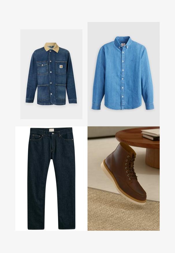 Blå denim arbejdsjakke med beige krave, fire forlommer, knaplukning og Carhartt-logo på den øverste højre lomme.; Lyseblå denimskjorte med lange ærmer, knap-ned krave og hvide knapper. Har et lille broderet logo på brystet.; Mørkeblå denim jeans med lige ben, fem lomme styling og kontrastsyet på sømmene. Glat stoftekstur.; Brune læderankelstøvle med beige sål på et struktureret beige tæppe ved siden af et rundt træbord med stakke af bøger.