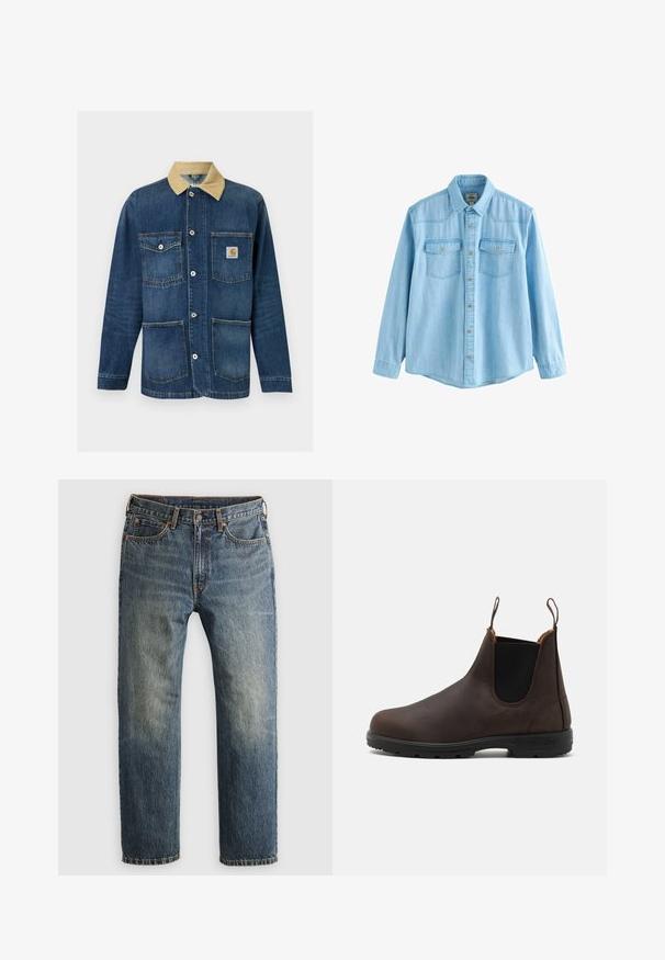 Blaue Denim-Arbeitsjacke mit beigem Kragen, vier Vordertaschen, Knopfverschluss und Carhartt-Logo auf der oberen rechten Tasche.; Hellblaues langärmeliges Jeanshemd mit Knopfleiste vorne und zwei Brusttaschen mit Knopflaschenklappen.; Blaue, ausgebleichte gerade geschnittene Jeans aus Denim mit Fronttaschen, Gürtelschlaufen, Knopf und Reißverschluss auf einem hellen Hintergrund.; Braune Leder-Ankle-Boots mit elastischen Seiteneinsätzen und Schlaufen, ausgestattet mit einer strukturierten Oberfläche und einer robusten schwarzen Gummisohle.