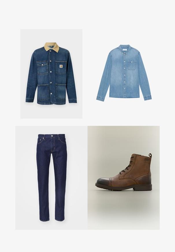 Veste de travail en denim bleu avec col beige, quatre poches avant, fermeture par boutons et logo Carhartt sur la poche supérieure droite.; Chemise en denim bleu clair à boutons, manches longues, col pointu, poche poitrine unique et décoloration subtile sur le tissu.; Jean en denim bleu marine avec une coupe droite, une conception à cinq poches, des coutures orange contrastées et une fermeture à bouton en métal argenté à la taille.; Botte cheville en cuir marron à lacets avec bout noir, semelle ronde et détail de marque sur le côté sur fond uni.