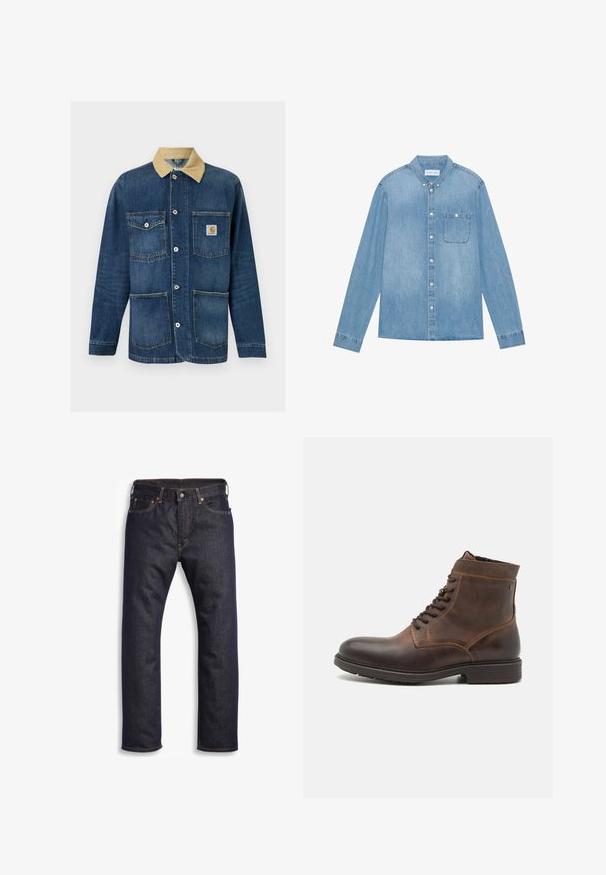 Blå denim arbejdsjakke med beige krave, fire forlommer, knaplukning og Carhartt-logo på den øverste højre lomme.; Lys blå denim skjorte med knapper, lange ærmer, spids krave, en enkelt brystlomme og subtil falmning på stoffet.; Mørkeblå denimjeans med lige snit, fem-lomme design, metalbeslag og kontrasterende orange syninger. Glat tekstur, ingen synlige mønstre.; Jack & Jones JFWDELANEY BOOT - Snørestøvletter - cognac