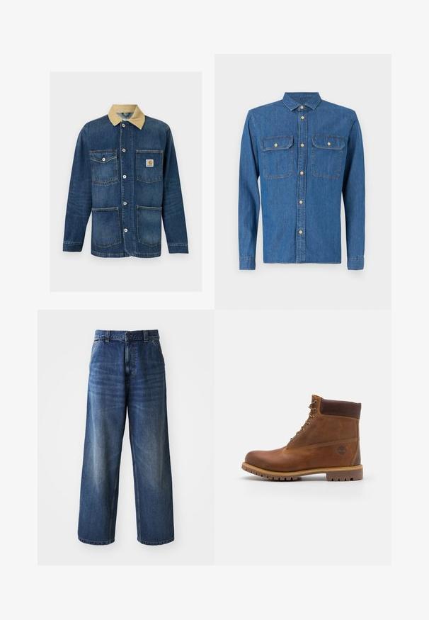 Blå denim arbejdsjakke med beige krave, fire forlommer, knaplukning og Carhartt-logo på den øverste højre lomme.; Denim skjorte i mørkeblå, langærmet med knapmanchetter, spids krave, to brystlommer og frontknaplukning med guldfarvet hardware.; Højtaljede blå denimjeans med vid benvidde, der har subtil falming, forlommer og en knaplukning i taljen.; Brun læder vandrestøvle med en glat finish, polstret ankel, metalliske snørehuller og en gummisål med et robust dækmønster.