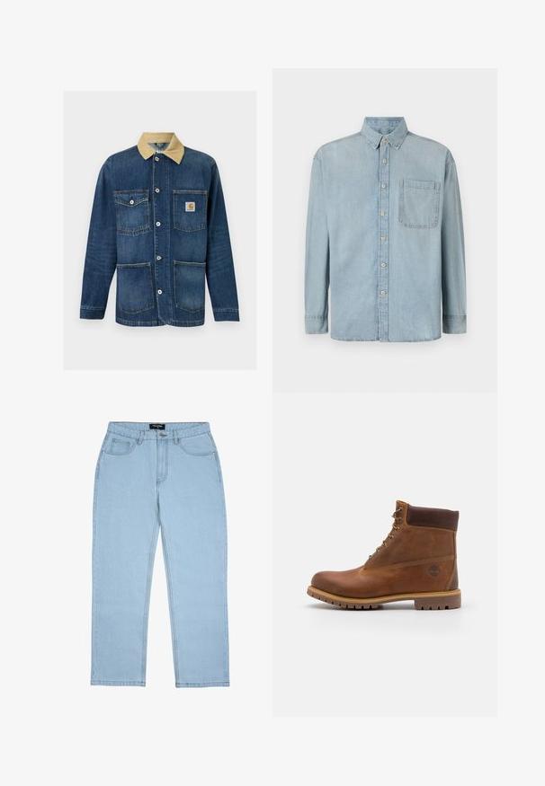 Blauwe denim werkjas met beige kraag, vier voorzakken, knoopsluiting en Carhartt-logo op de bovenste rechterzak.; Lichtblauwe denim shirt met lange mouwen, een knoopsluiting aan de voorkant en een enkele borstzak. Het heeft een klassieke kraag en standaard manchetten.; Lichtblauwe jeans met rechte pijpen, voorzakken, riemlussen, knoopsluiting en zichtbare stikdetails.; Bruine leren wandelschoen met een gladde afwerking, gevoerde enkel, metalen oogjes en een rubberen zool met een robuust profiel.