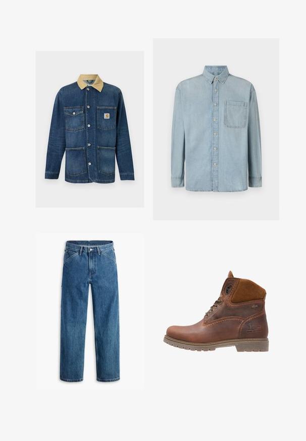 Blå denim arbejdsjakke med beige krave, fire forlommer, knaplukning og Carhartt-logo på den øverste højre lomme.; Lyseblå denimskjorte med lange ærmer, knaplukning foran og en enkelt brystlomme. Har en klassisk krave og standard manchetter.; Blå denim jeans med lige ben, forlommer, bæltestropper, metal knap og lynlås foran på hvid baggrund.; Brune læder ankelstøvle med ruskindsdetaljer, rund tå, snørebånd foran, robust sål og præget logo detalje på siden.