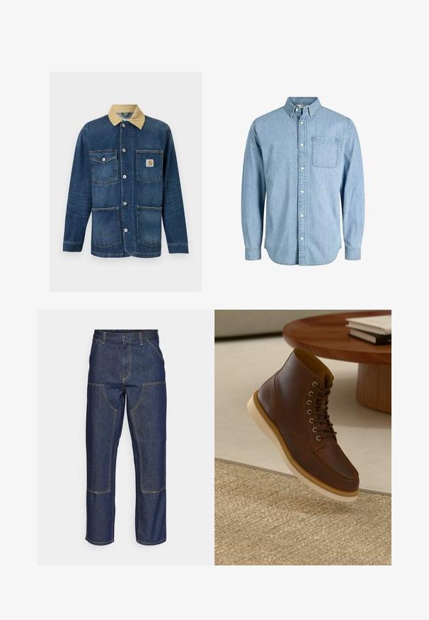 Modrá denimová pracovná bunda s béžovým golierom, štyrmi prednými vreckami, zapínaním na gombíky a logom Carhartt na pravom hornom vrecku.; Svetlomodrá rifľová košeľa na gombíky s dlhými rukávmi, golierom, predným vreckom a jemnou textúrou. Má biele gombíky pozdĺž zapínania.; Tmavomodré denimové džínsy s vysokým pásom, rovného strihu, kontrastným prešívaním a vreckami na prednej strane.; Hnedé kožené členkové čižmy s béžovou podrážkou na textúrovanom béžovom koberci vedľa okrúhleho dreveného stola so stohom kníh.
