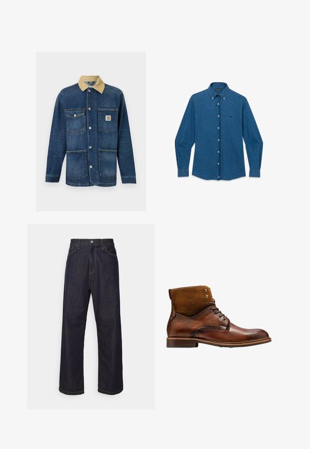 Blaue Denim-Arbeitsjacke mit beigem Kragen, vier Vordertaschen, Knopfverschluss und Carhartt-Logo auf der oberen rechten Tasche.; Blaues Jeanshemd mit langen Ärmeln, durchgehender Knopfleiste, spitzem Kragen und kleinem, gesticktem Logo auf der linken Brust.; Dunkelblaue Jeans im geraden Schnitt mit gelben Nähten, Knopfverschluss, Reißverschluss und Fünf-Taschen-Design.; Kazar ALID - Schnürstiefelette - brown