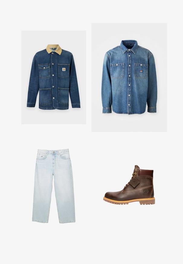 Blå denim arbejdsjakke med beige krave, fire forlommer, knaplukning og Carhartt-logo på den øverste højre lomme.; Denimskjorte i mellemblå, med spidse kraver, to brystlommer og sølvknapper. Lange ærmer med knapmanchetter.; Lysblå højtaljede straight-leg jeans med frontknap, lommer og lille mærket metalmærke på den højre forlommer.; Brun læder ankelstøvle med rund tå, solid sål, hardware i guldtone og en tekstureret overdel. Inkluderer et logo-tagfæstet.