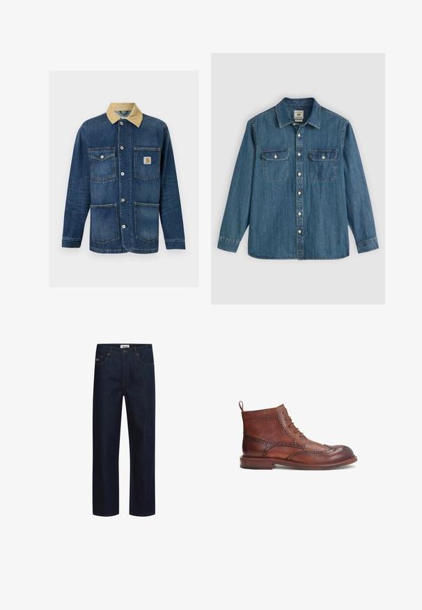 Veste de travail en denim bleu avec col beige, quatre poches avant, fermeture par boutons et logo Carhartt sur la poche supérieure droite.; Chemise en denim bleu à manches longues, boutonnée à l'avant, avec deux poches poitrine et un col. Présente des accents de couture et une coupe décontractée.; Jean en denim bleu foncé avec une coupe droite, doté de cinq poches, de coutures contrastées et d'une étiquette de marque sur la ceinture.; Botte en cuir marron avec des détails brogue décoratifs, bout rond, design à lacets et un petit talon empilé. Comprend une languette à l'arrière.