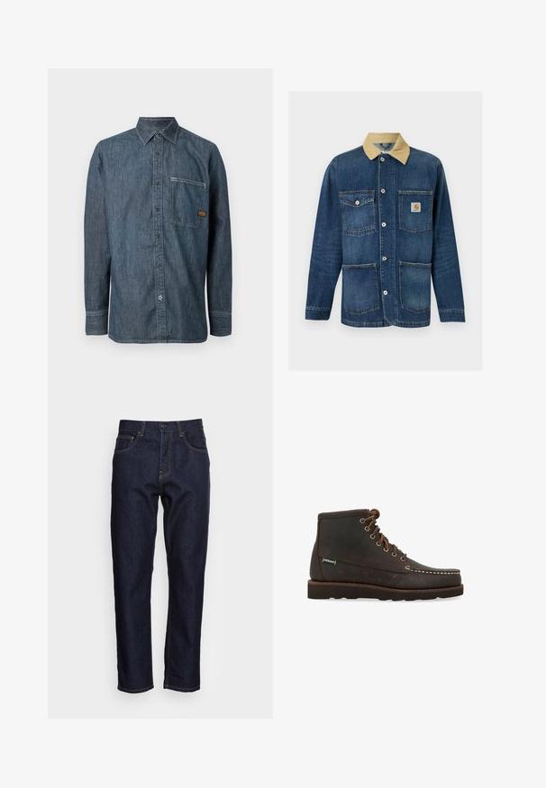 Veste de travail en denim bleu avec col beige, quatre poches avant, fermeture par boutons et logo Carhartt sur la poche supérieure droite.; Chemise en denim bleu foncé à manches longues, fermeture par boutons, et une poche poitrine. Présente une petite étiquette de marque sur la poche.; Jeans en denim bleu foncé avec une coupe droite, cinq poches et des coutures jaunes contrastées. Conçus avec une fermeture classique à bouton et à glissière.; Sebago Bottines à lacets - marrone