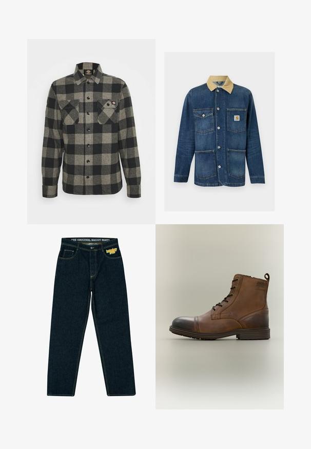 Blaue Denim-Arbeitsjacke mit beigem Kragen, vier Vordertaschen, Knopfverschluss und Carhartt-Logo auf der oberen rechten Tasche.; Schwarzes und graues kariertes Flanellhemd mit langen Ärmeln, Knopfverschluss vorne, zwei Brusttaschen und einem leicht abgerundeten Saum. Strukturiert. ; Lockere dunkelblaue Denim-Hosen mit gelber Naht, vier Taschen und einem Bund, der den Text und das Logo "DIE ORIGINAL BAGGY PANTS" trägt.; Brauner Leder-Schnürstiefel bis zum Knöchel mit schwarzer Zehenkappe, runder Sohle und Markenlabel an der Seite vor schlichtem Hintergrund.