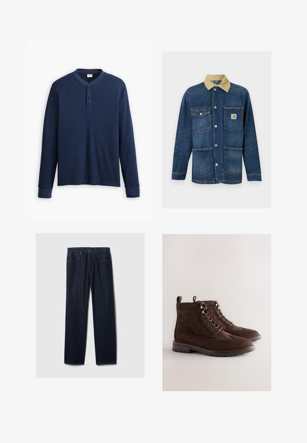 Veste de travail en denim bleu avec col beige, quatre poches avant, fermeture par boutons et logo Carhartt sur la poche supérieure droite.; Chemise henley à manches longues de couleur bleu marine en tissu côtelé. Présente un col rond et une patte de boutonnage à trois boutons. Les poignets sont ajustés.; Jeans en denim bleu foncé à jambe droite avec un design à cinq poches, fermeture à bouton et couture visible sur un fond clair.; Bottines en daim marron avec détails brogue, bout rond, œillets métalliques, semelle en caoutchouc texturée, petit talon et languette pour enfiler.