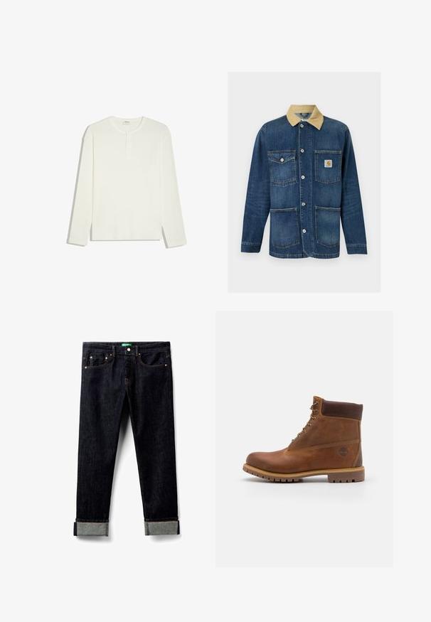 Blauwe denim werkjas met beige kraag, vier voorzakken, knoopsluiting en Carhartt-logo op de bovenste rechterzak.; Witte henley met lange mouwen, drie knopen en ronde halslijn, plat gelegd op een witte achtergrond.; Donkerblauwe denim jeans met een rechte snit, voorzien van vijf zakken, koperen klinknagels en opgerolde boorden in een contrasterende lichte denim.; Bruine leren wandelschoen met een gladde afwerking, gevoerde enkel, metalen oogjes en een rubberen zool met een robuust profiel.