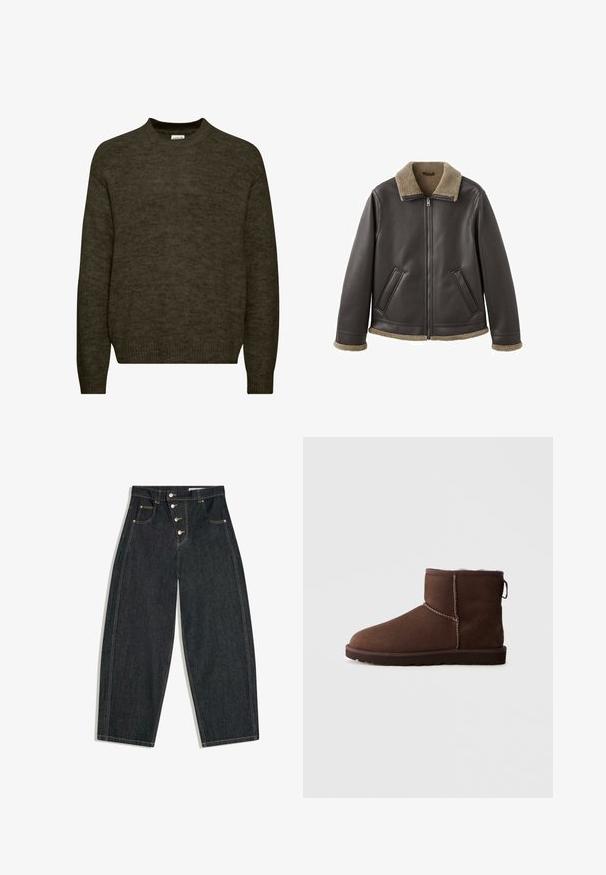 Brun læderjakke med shearlingkrave, lynlås foran og to sidelommer; blød tekstur, afslappet pasform og kontrasterende beige accenter.; Mørkegrøn strikket sweater med rund halsudskæring, lange ærmer og ribbede manchetter. Blød tekstur med en let fuzzy finish.; Sort, højtaljede cowboybukser i denim med vide ben, fire knapper foran, forlommer med nitter og kontrastsyning.; Brune ruskindsankelstøvle med synlig syning, flad sål og blød foring, set fra ydersiden mod en ensfarvet baggrund.