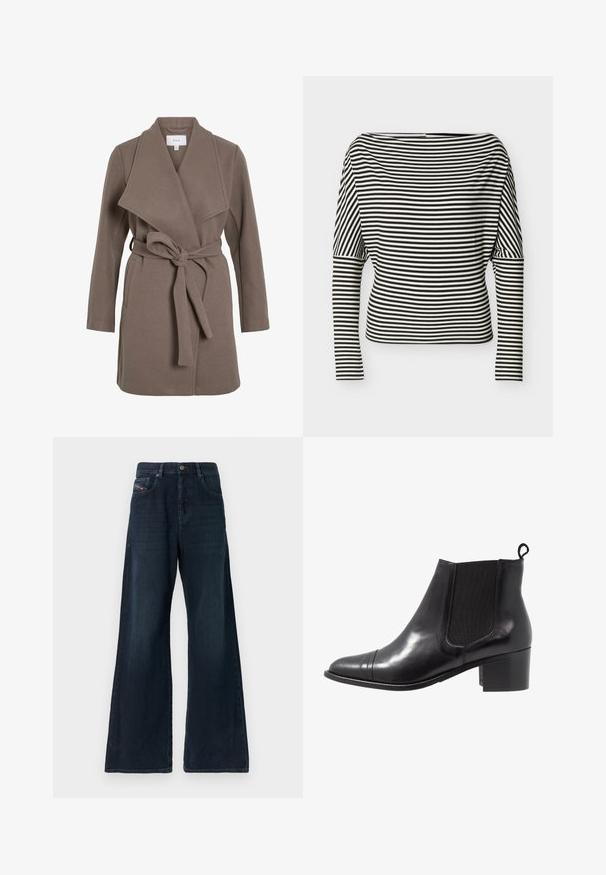 Brun bæltefrakke med en bred krave, lavet af et blødt stof. Har to forlommer og en afslappet pasform. Glat tekstur og enkelt design.; Sort-hvid, vandret striped langærmet top med bådudskæring og tætsiddende ærmer på en ensfarvet baggrund.; Vidbenede mørk denimjeans med mellemhøj talje, forlommer, diskrete slidmærker og en ren kant. Har en lukning med metalknap.; Sorte læder ankelstøvler med elastiske sidepaneler, rund tå og tekstureret blokhæl. Har en løkke til at trække i bagpå for nem påtagning.