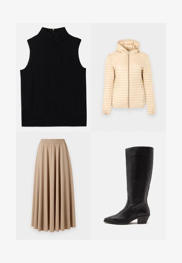 Veste matelassée beige en duvet avec capuche, fermeture éclair frontale et poignets élastiques, présentée sur un fond uni.; Haut noir sans manches à col roulé, fabriqué en matériau doux, avec un col haut et une fermeture éclair dans le dos. Design simple sans motifs ni accents.; Jupe maxi beige avec une taille élastique, fabriquée dans un tissu doux avec un design fluide et plissé. Texture lisse, couleur unie.; Botte en cuir noire mi-mollet avec un bout pointu et un talon bas incliné sur un fond clair uni.