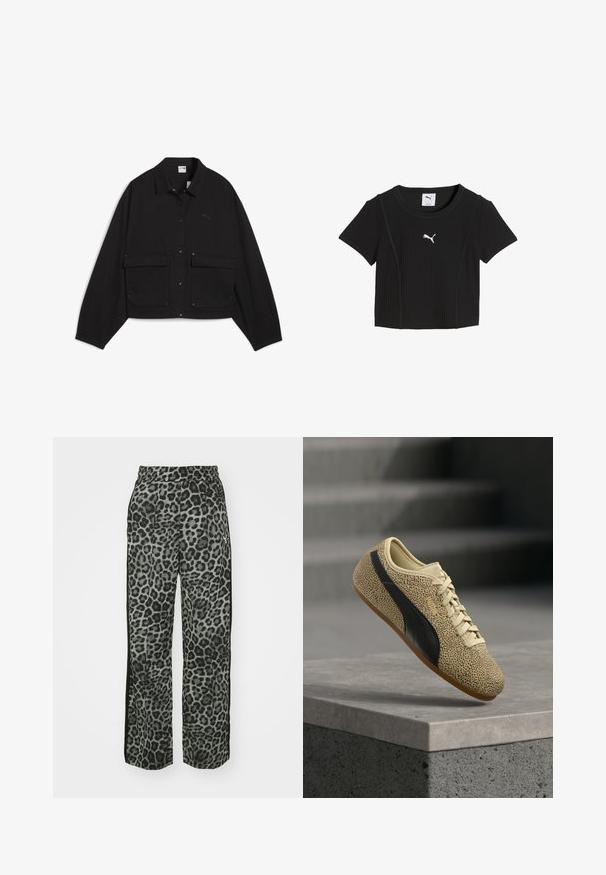Zwarte korte jas gemaakt van stevig stof, met een shirtkraag, drukknoopsluitingen, twee voorzakken en een subtiel logo op de borst.; Zwarte geribbelde crop top met korte mouwen, ronde hals en wit Puma-logo in het midden van de borst.; Leopardprintbroek in grijstinten met een relaxed fit, elastische tailleband en zwarte zijaccenten voor extra detail en contrast.; Tan sneaker met een zwarte streep en kleine zwarte stippen, beige veters en een gumkleurige zool, zwevend in de lucht boven een grijze betonnen rand.