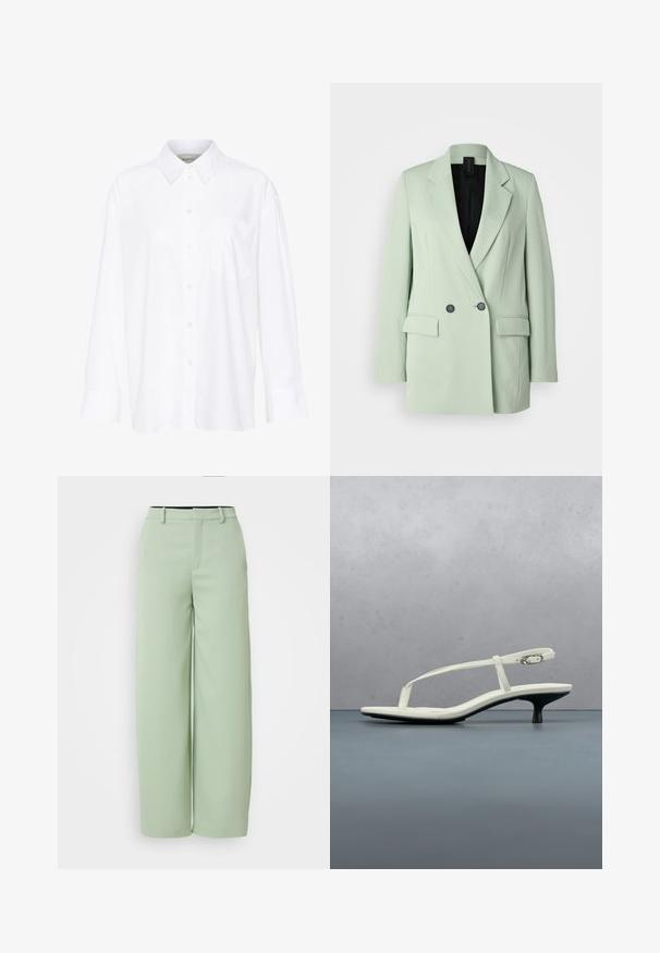 Hellgrünes Blazer mit doppelter Knopfleiste, Reverskragen, zwei Fronttaschen und schwarfem Innenfutter.; Weißes Langarmhemd mit Kragen aus Baumwolle. Verfügt über eine durchgehende Knopfleiste und eine Brusttasche. Glatte Textur, lockere Passform.; Helle grüne weite Hosen aus glattem Stoff. Mit flacher Vorderseite, Gürtelschlaufen und einer taillierten Passform ohne sichtbare Beschläge.; Weiße Riemchenpantolette mit kitten heel und spitz zulaufender Zehenpartie, schwebt über einem Holzkachelboden im Freien mit verschwommenem Pflanzen- und Wandhintergrund.