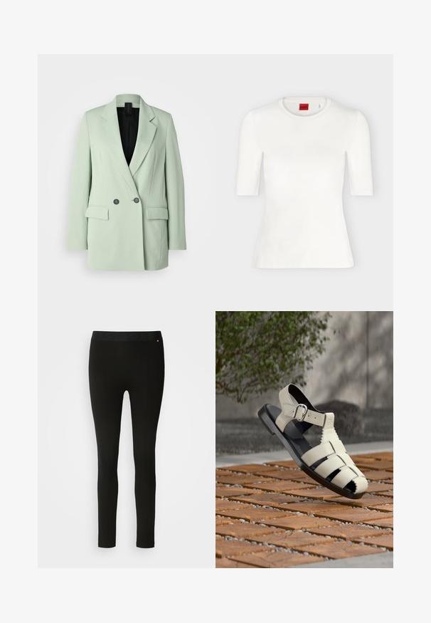 Hellgrünes Blazer mit doppelter Knopfleiste, Reverskragen, zwei Fronttaschen und schwarfem Innenfutter.; Weißes, eng anliegendes T-Shirt mit kurzen Ärmeln und rundem Ausschnitt sowie rotem Markenlabel innen im Kragen.; Schwarze Leggings mit glatter Textur, ausgestattet mit einem flexiblen Bund und dezenten Nahtdetails. Keine Muster oder Hardware vorhanden.; Beige Ledersandale mit Schnalle, Riemendesign, schwarze Sohle, im Freien auf einer gemusterten Holzoberfläche mit verschwommenem Grünpflanzenhintergrund präsentiert.