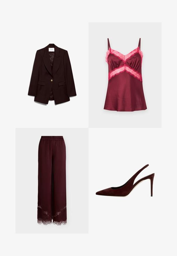 Blazer bourgogne avec revers cranté, fermeture à un seul bouton doré, deux poches avant et une doublure satinée lisse. Coupe ajustée.; Camisole en satin bordeaux avec bordure en dentelle rose sur la poitrine et la taille, dotée de fines bretelles réglables.; Pantalon large en satin bordeaux, ceinture élastique et bordure en dentelle à l’ourlet, présenté sur fond blanc uni.; Mule en suede rouge foncé avec un bout pointu et un talon aiguille, vue de côté sur un fond blanc.