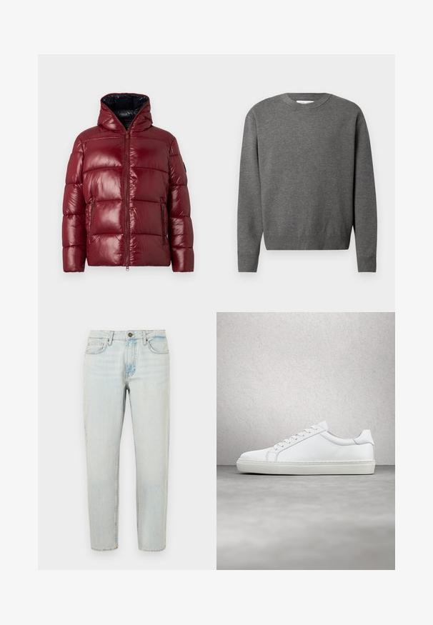 Bordeaux polstret jakke med høj krave, frontlynlås og to lynlåslommer på siden, præsenteret mod en ensfarvet baggrund.; Grå crewneck sweater lavet af blødt strikket stof. Har lange ærmer og ribbede manchetter og kant. Minimalistisk design uden synlige logoer.; Lysblå denimjeans med lige ben, fem-lomme design og knaplukning. Stoffet har en falmet, let slidt overflade.; Hvide sneakers med en glat læderoverdel og lav profil. Har en rund tå, seks snørehuller og en tekstureret gummisål.
