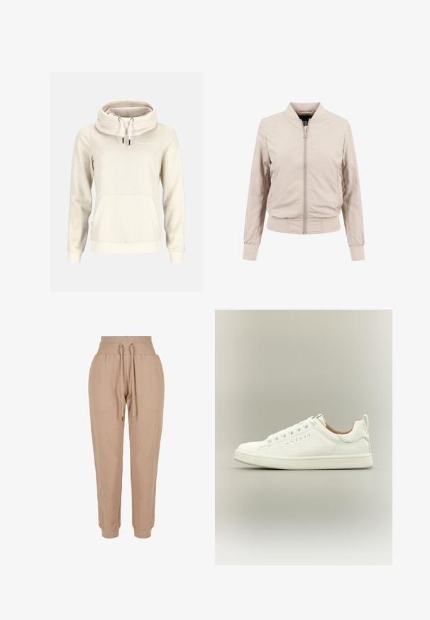 Lysebeige bomberjakke med lynlåslukning foran, ribstrikkede ærmeafslutninger og linning. Fremstillet af glat stof med et enkelt design uden synlige mønstre.; Beige hættetrøje med lange ærmer, høj krave, hvide snore, front kængurulomme og lille "Swedemount"-logo på brystet.; Beige joggerbukser lavet af blødt stof, med en justerbar talje, ribbede manchetter og sidelommer til en afslappet pasform.; Hvid lav sneaker med snørebånd, perforerede sidedetaljer og en trækflap på hælen, sat mod en neutral baggrund.