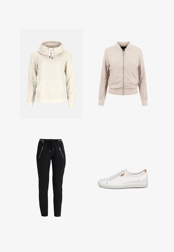 Hellbeige Bomberjacke mit Reißverschluss vorne, gerippten Bündchen und Saum. Hergestellt aus glattem Stoff mit schlichtem Design und ohne sichtbare Muster.; Beigefarbener Hoodie mit langen Ärmeln, hohem Kragen, weißen Kordeln, Kängurutasche vorn und kleinem "Swedemount"-Logo auf der Brust.; Schwarze Slim-Fit-Hose mit elastischem Bund, Kordelzug und vier sichtbaren silbernen Reißverschlusstaschen vorne.; Weißer niedriger Ledersneaker mit Schnürsenkeln, Gummisohle und einem kleinen braunen Logo-Tag nahe den Schnürsenkeln auf der Außenseite.