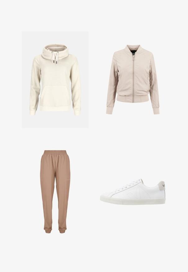 Hellbeige Bomberjacke mit Reißverschluss vorne, gerippten Bündchen und Saum. Hergestellt aus glattem Stoff mit schlichtem Design und ohne sichtbare Muster.; Beigefarbener Hoodie mit langen Ärmeln, hohem Kragen, weißen Kordeln, Kängurutasche vorn und kleinem "Swedemount"-Logo auf der Brust.; Beige Jogginghosen mit elastischem Bund, Knöchelbündchen und einem glatten, leichten Stoff mit einem subtilen Logo-Detail an der Seite.; Weiße Ledersneaker mit einer strukturierten, cremefarbenen Gummisohle. Zu den Merkmalen gehören Schnürsenkel, dezente Nähte und ein grauer Wildleder-Hackeneinsatz.