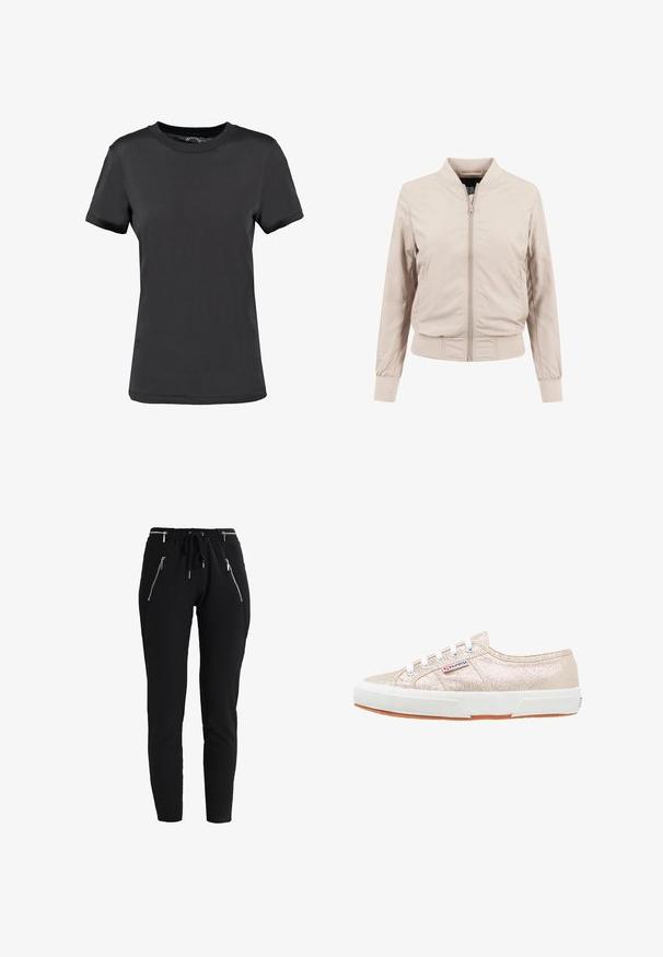 Cazadora bomber beige claro con cierre frontal de cremallera, puños y cintura acanalados. Hecha de tejido liso con un diseño sencillo y sin patrones visibles.; Camiseta de manga corta negra, hecha de tela suave. Presenta un cuello redondo sin patrones ni acentos visibles, ofreciendo un diseño sencillo.; Pantalones negros de corte ajustado con cintura elástica, cordón y cuatro bolsillos visibles con cremallera plateada en la parte delantera.; Zapatillas metálicas doradas con una superficie texturizada, suela de goma blanca y cordones redondos; presentan un parche de logo en el lateral y una suela de goma.