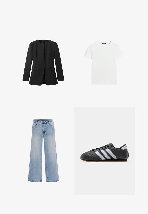 Sort blazer med rund halsudskæring, lange ærmer og to forlommer. Glat tekstur, skræddersyet pasform, ingen synlige lukninger eller mønstre.; Almindelig hvid T-shirt med korte ærmer, rund halsudskæring og lille sort label inden i kraven.; Lyseblå brede jeans med høj talje, fem lommer og kontrastsyninger. Fremstillet af denim med en glat tekstur.; Sorte lædersportssko med hvide striber, rund tå, flad sål og snørelukning. Har perforeringer for åndbarhed.