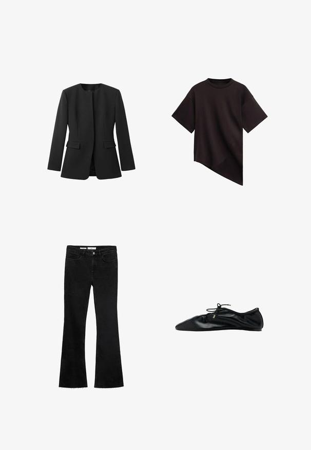 Sort blazer med rund halsudskæring, lange ærmer og to forlommer. Glat tekstur, skræddersyet pasform, ingen synlige lukninger eller mønstre.; Sort T-shirt med korte ærmer, rund hals og asymmetisk kant, der skråner diagonalt fra venstre mod højre.; Sorte flared jeans i et blødt stof med en rå kant, der har to frontlommer og en knappelukning med lynlås.; Sort ballerinasko i læder med samlet tå og snøre med metalender, minimalistisk og elegant set fra siden.