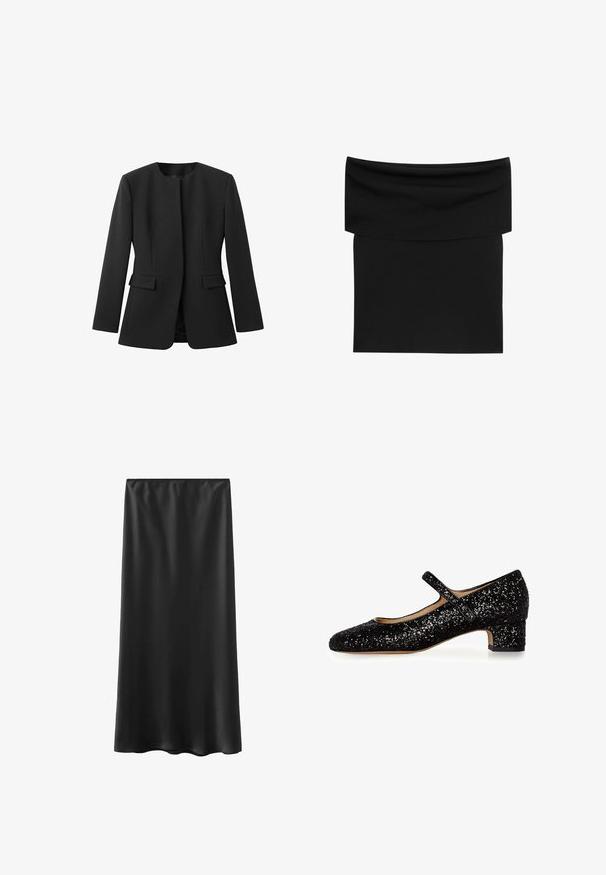 Sort blazer med rund halsudskæring, lange ærmer og to forlommer. Glat tekstur, skræddersyet pasform, ingen synlige lukninger eller mønstre.; Sort off-shoulder tætsiddende mini-nederdel med en bred foldet talje og glat tekstur.; Sort, gulvlængde nederdel lavet af glat, let materiale, med elastik i taljen og et enkelt design. Ingen synlige mønstre eller detaljer.; Sort glitrende Mary Jane-sko med afrundet tå, lav blokhæl og en enkelt rem hen over vristen. Tekstureret glitrende overflade hele vejen rundt.