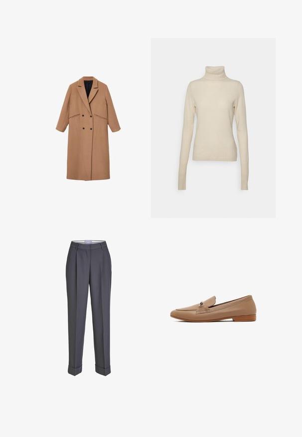 Brun uldblandet frakke med en skræddersyet pasform, slagkraver, dobbeltradede knapper og sidelommer. Glat tekstur; knælængde design.; FTC Cashmere Striktrøje - oatmeal; Mørkegrå skræddersyede bukser med lige ben, plisseret for og opsmøgte manchetter. Lavet af glat stof med en klassisk talje.; Beige læder loafers med rund tå, lav hæl og en dekorativ detalje på forsiden. Glat tekstur og enkelt design.