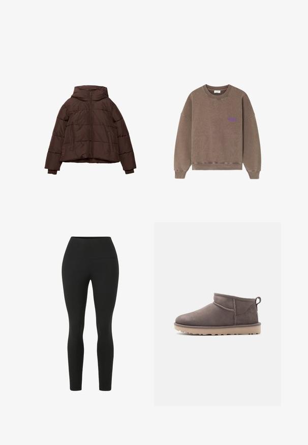 Brun pufferjakke med hætte, med en frontlynlås, quiltet design og ribbede manchetter. Materialet er glat med en mat overflade.; Brun sweatshirt med rund hals, ribbede manchetter og kant. Har et lille lilla logo på brystet. Fremstillet af blødt, tekstureret stof.; Sorte leggings med høj talje. Lavet af strækbart stof, der har en glat tekstur og en tætsiddende silhuet uden synlige sømme.; Lav brun ruskindssko med lav ankelhøjde, slidstærk sål og træksnor på en ensartet baggrund.