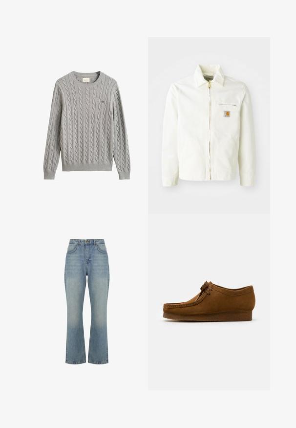Chaqueta de algodón blanca con cuello tipo camisa, cremallera dorada y bolsillo en el pecho con un parche de logo. Incluye bolsillos laterales y un corte relajado.; Jersey de punto trenzado gris claro con mangas largas, puños y bajo de canalé, cuello redondo y pequeño logo bordado en el pecho.; Vaqueros de denim azul claro de talle alto, corte recto, cierre frontal con botones, trabillas para cinturón y dos bolsillos delanteros.; Zapato de ante marrón con punta redonda y tacón bajo, con costuras detalladas a lo largo de las costuras y cordones en la parte frontal. Textura suave con un diseño estilizado.