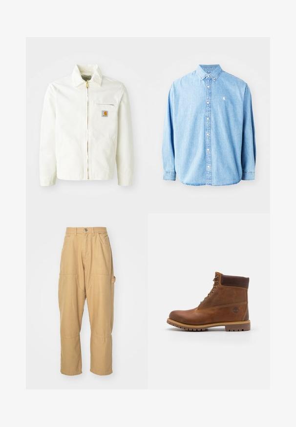 Chaqueta de algodón blanca con cuello tipo camisa, cremallera dorada y bolsillo en el pecho con un parche de logo. Incluye bolsillos laterales y un corte relajado.; Camisa de mezclilla azul claro, con botones y mangas largas, cuello puntiagudo y un pequeño logotipo en el lado izquierdo del pecho. Presenta un corte relajado y un diseño clásico.; Pantalones cargo beige hechos de una mezcla de algodón. Presentan múltiples bolsillos, piernas rectas y un cierre de botón en la cintura.; Botas de senderismo de cuero marrón con un acabado suave, tobillo acolchado, ojales de metal y suela de goma con un patrón de tracción robusto.